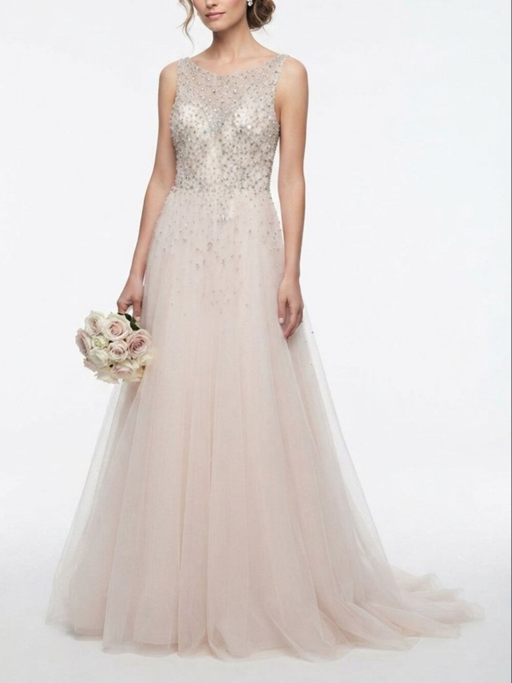 Private Collection Beaded Illusion Neckline Wedding Dress Ivory Blush Size 10